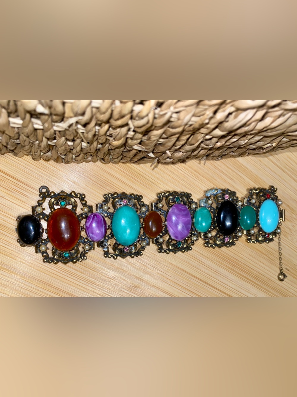 Rare vintage Selro Selini chunky panel link bracelet w/ cabochons & rhinestones.